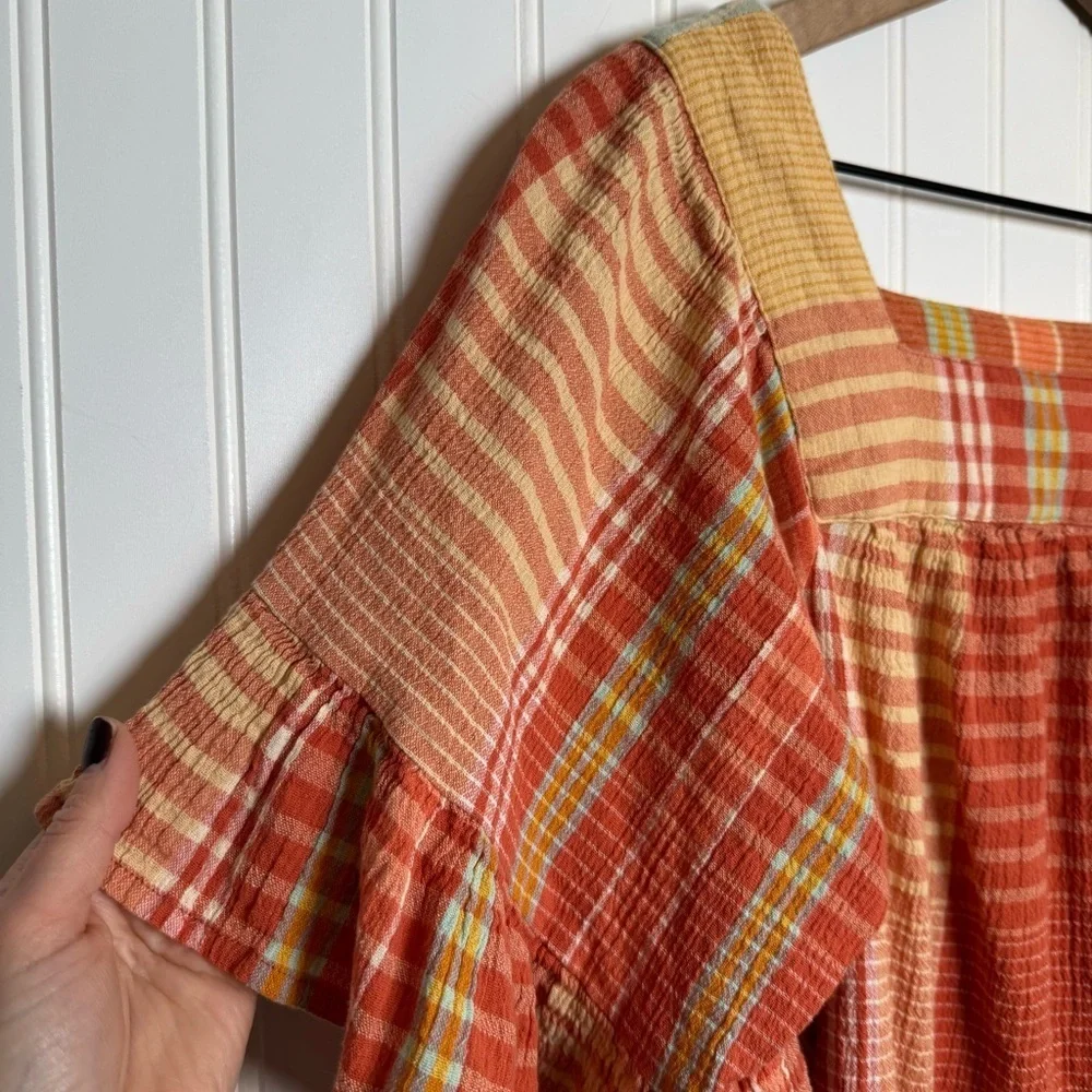 beachlunchlounge Naomi Orange Plaid Cotton Ruffle Blouse Women’s Size Large